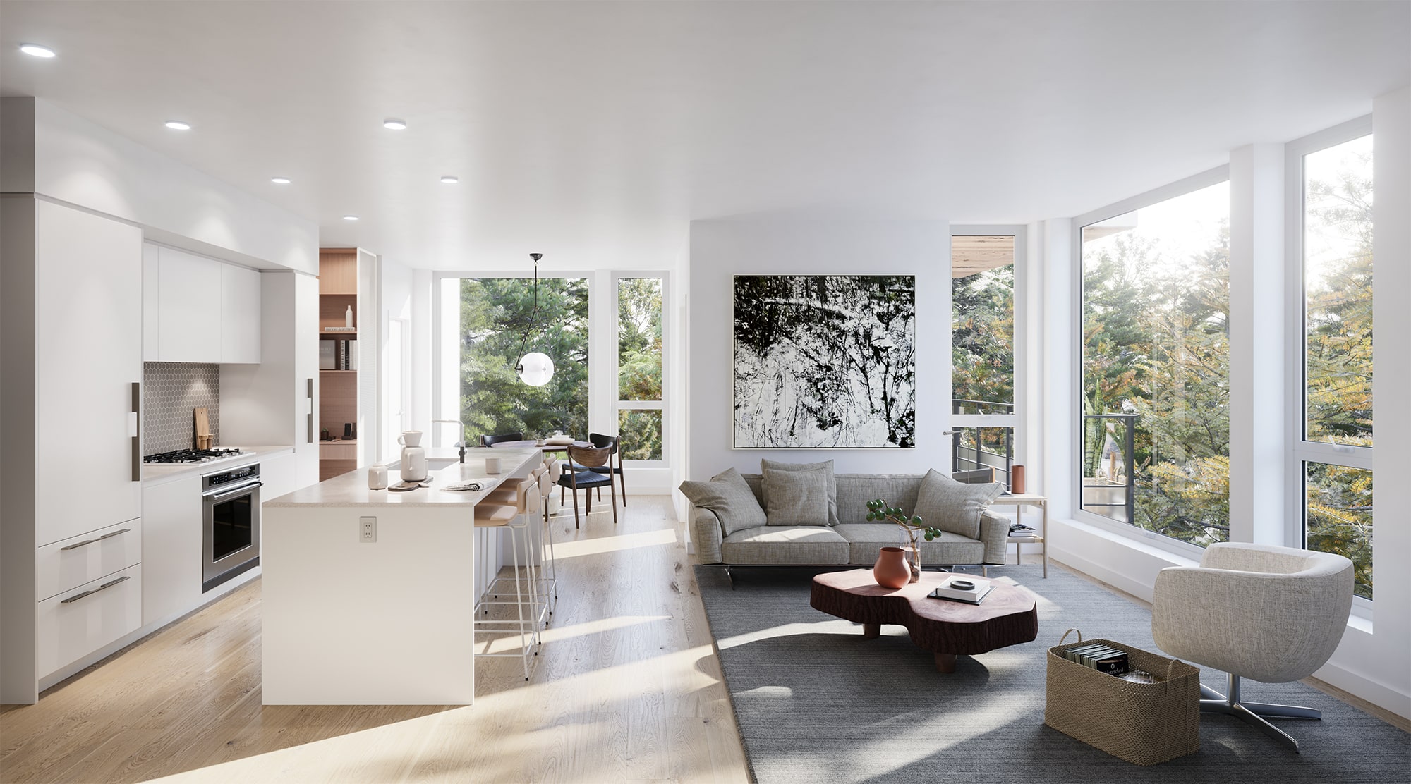 Interior shot of a living room with a fireplace